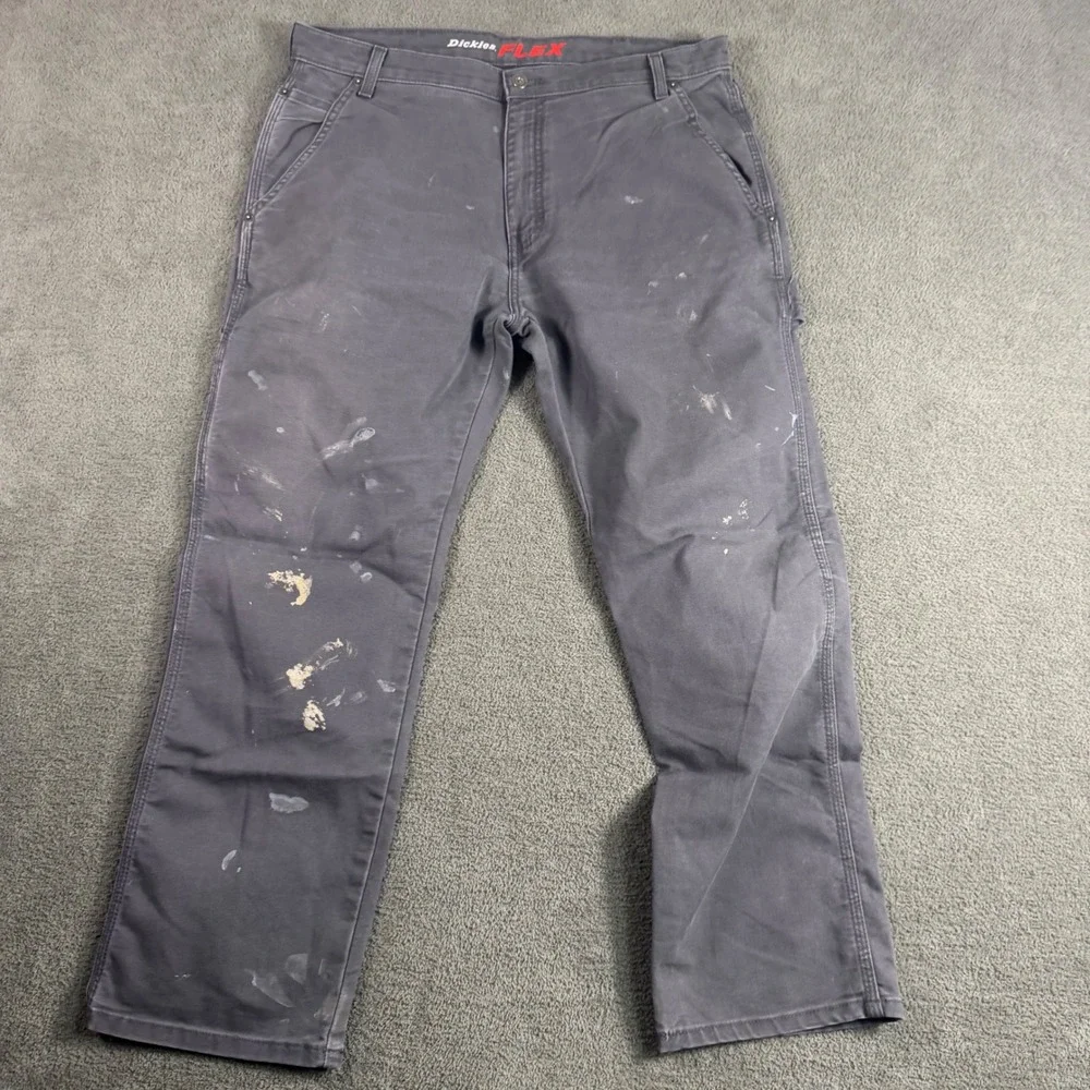 Dickies Flex Carpenter Pants Mens 36x28 Gray Distressed Paint Splatter Workwear